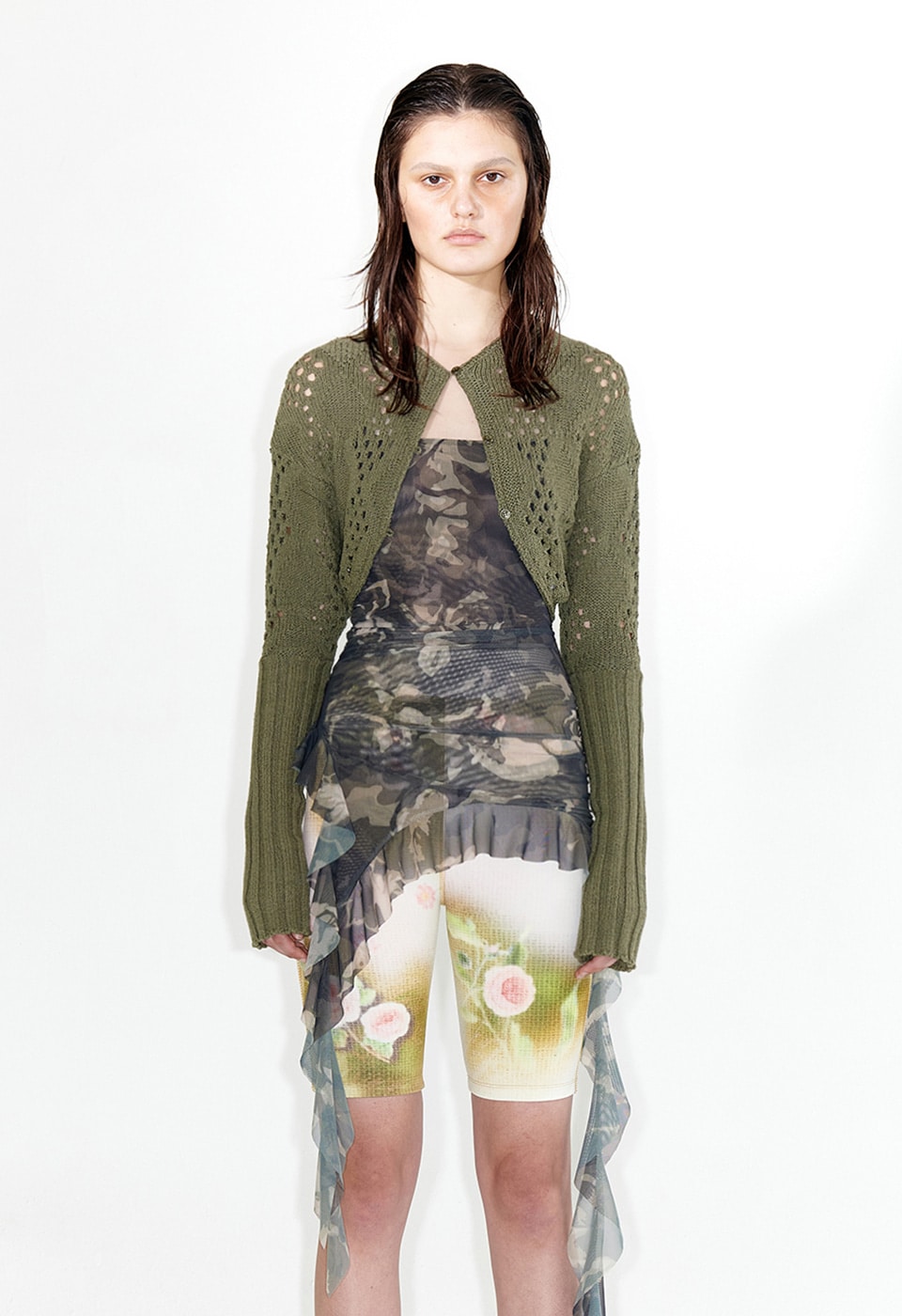 【OPEN Yy】 ARGYLE POINTELLE KNIT BOLERO : KHAKI