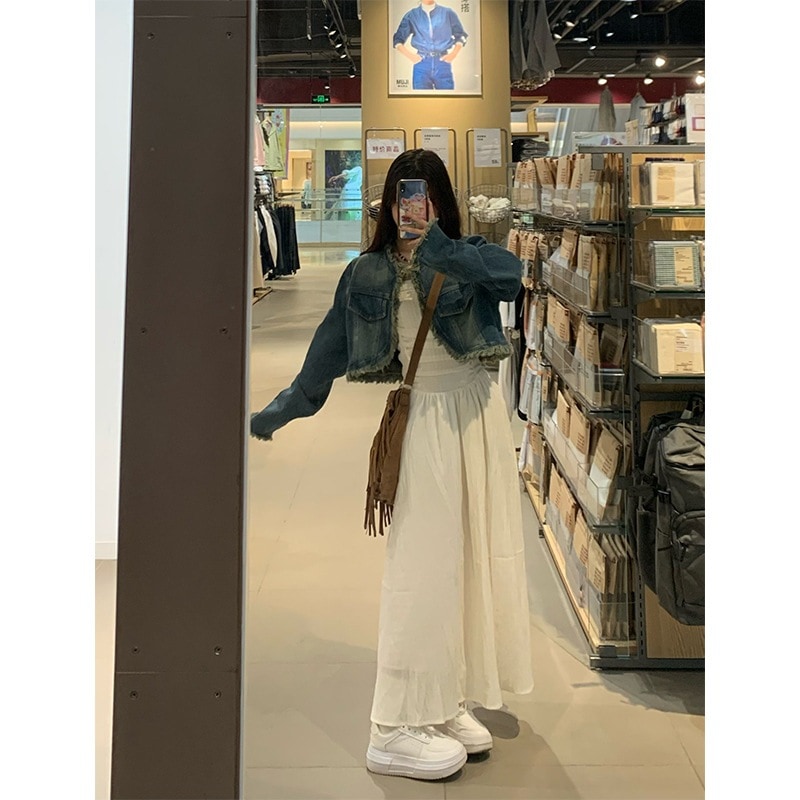レトロショートローエッジ長袖デニムジャケットブトップドレスロングスカートレディース2023春新作ファッションスーツ