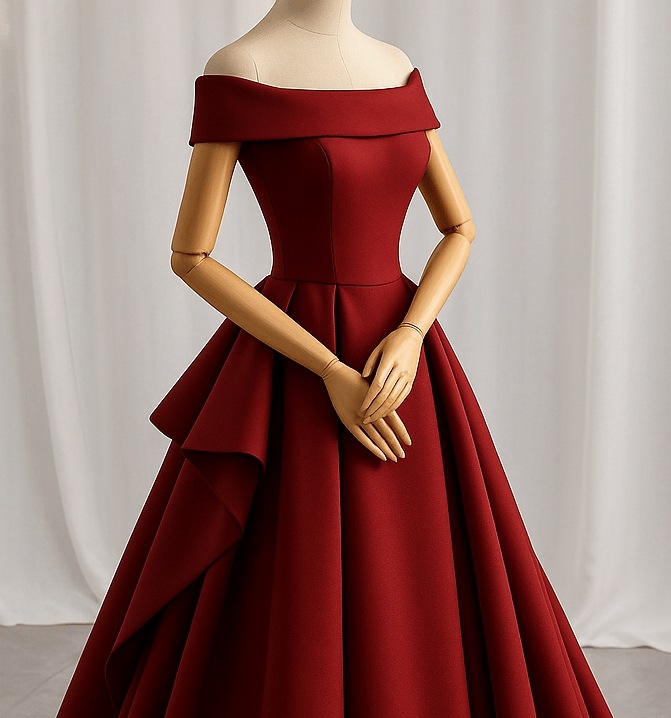 豪華！カラードレス ボルドー色 オフショルダー ファスナー 光沢サテン ラッフルフリル 結婚式