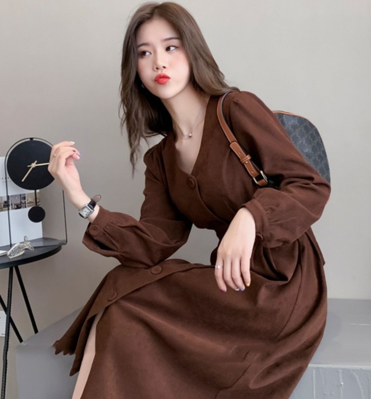 ワンピース デート モテアイテム ロング丈 長袖 Vネック ウエストマーク スウェード ベロア 可愛い きれいめ 上品 おしゃれ かっこいい 可愛い ラブリー キュート ガーリー クール