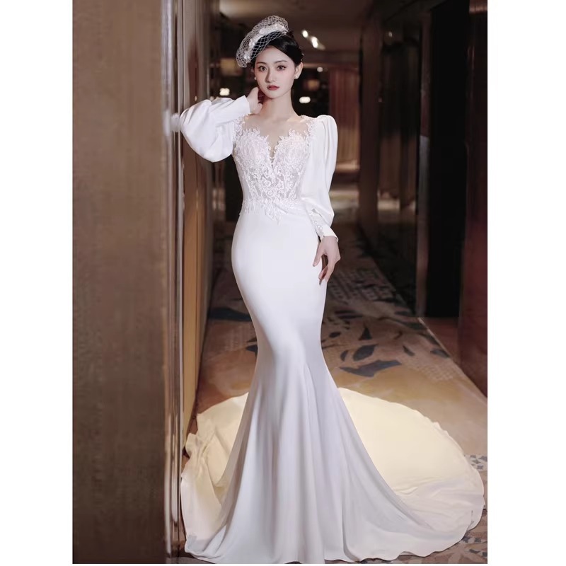 フランス式軽ウェディングドレス簡単旅行白痩せ尾長袖小曳尾迎賓外出紗宴会イブニングドレス 11,381円