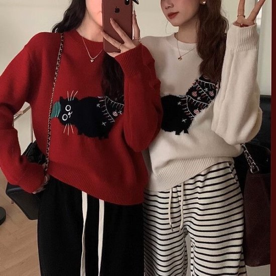 ニットセーター レディース ねこ 長袖 ラウンドネック クルーネック ニット 猫 ネコ cat アニマル ショート丈 かわいい ガーリー cute カジュアル クリスマス 3color おしゃれ