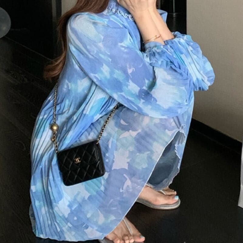 レディース ワンピース 長袖 シフォン ひざ丈 ブルー フレア 大人カジュアル カジュアル 5,255円