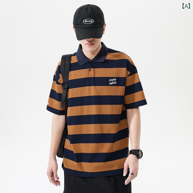 ポロシャツ レトロ アメリカン メンズ 半袖 夏 ストライプ Tシャツ 大きいサイズ 襟付き トップス 刺繍 レジャー コットン 男性用 綿 サマー