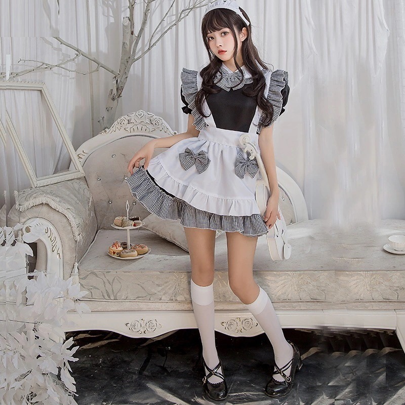 ハロウィーン衣装lolitaメイド服料理娘日常白黒格子コスプレメイドローリーワンピース