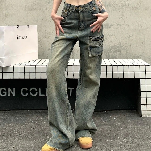 パンツ デニム ジーンズ ワイド ストレート ハイウエスト 脚長効果 美脚効果 細見え ウォッシュ フリンジ カジュアル 韓国ファッション レディース お出かけ