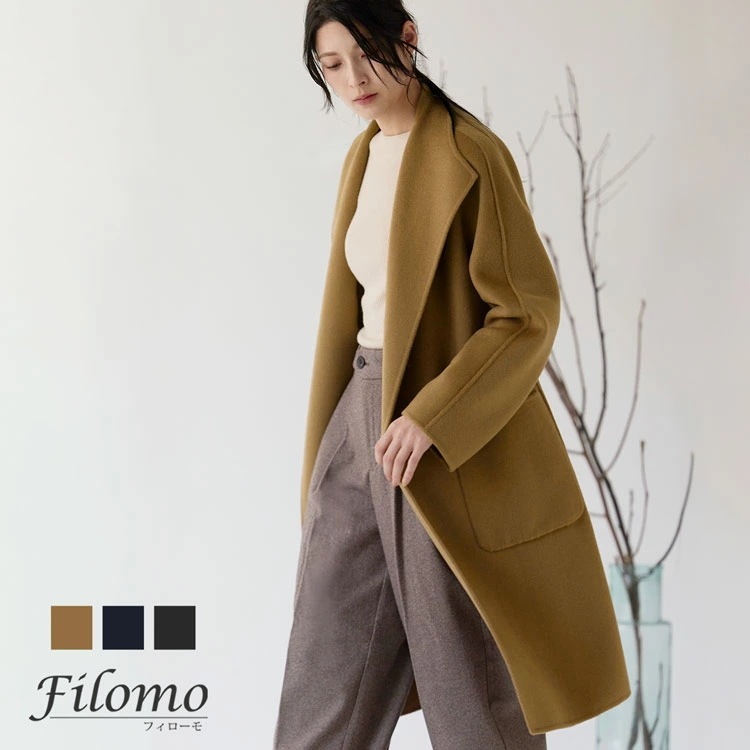 チェスターコート レディース ウール100% ロング Filomo ブランド ゆったり ダブルフェイス 長め 大きいサイズ 秋 冬 アウター ガウン ラップ コート 体型カバー ロング丈 ウエストベル