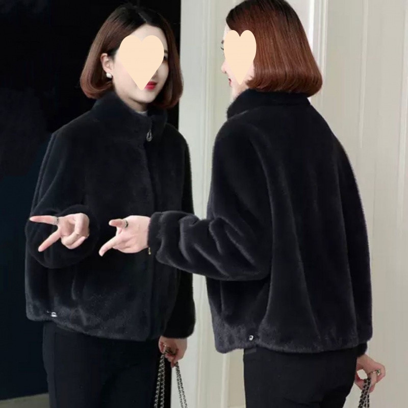 若いお母さんの冬スタイルおしゃれなスタンドカラーショートレザージャケット中高年女性の秋冬暖かいミンクベルベット万能トップス