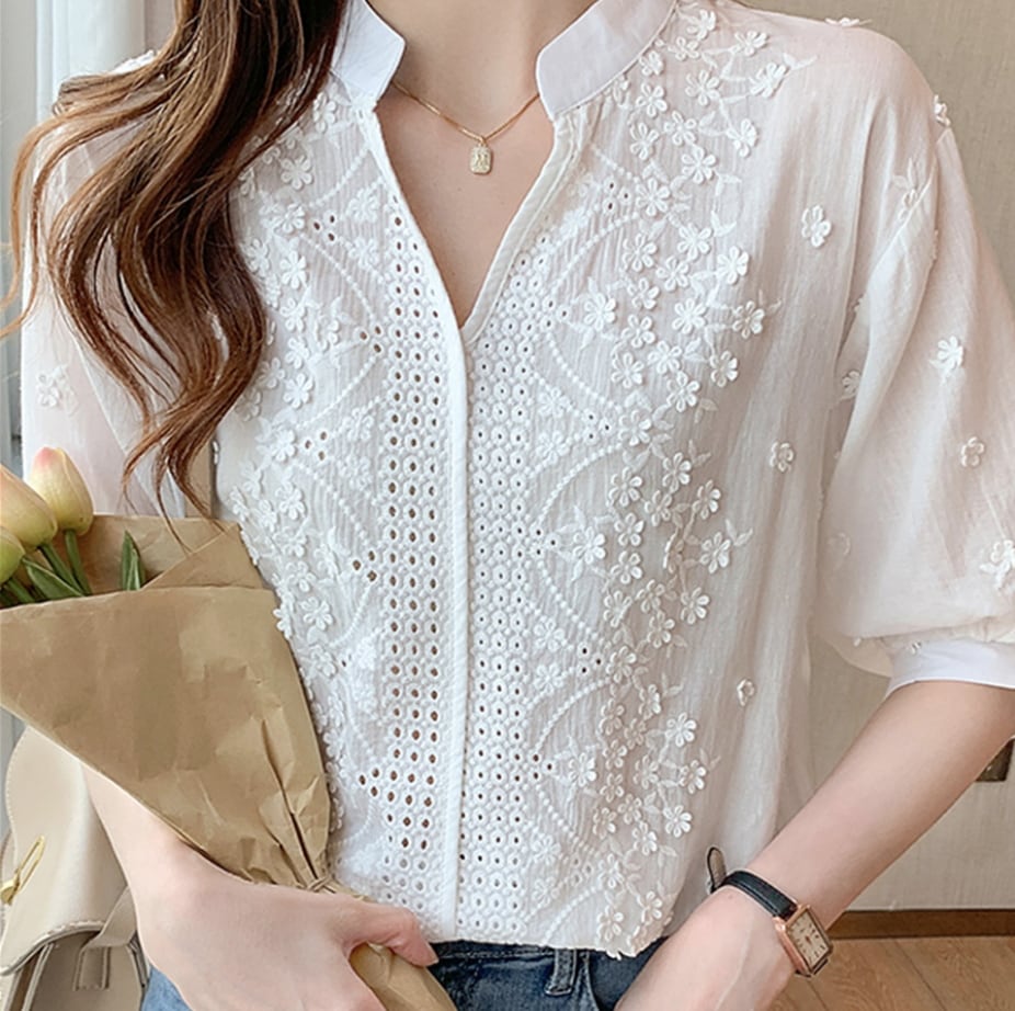 トップス デート シャツ ブラウス カットソー 袖あり 半袖 刺繍 かわいい 大人可愛い きれいめ シンプル カジュアル 大人 上品 おしゃれ お洒落 主役級 存在感 夏 10代 20代 30代 5,480円