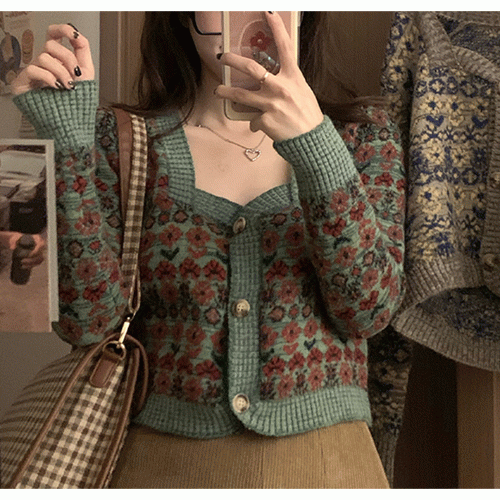 ユニークアンティーク姫 花 クロップ カーディガン グリーン イエロー カラー 韓国アイドルファッシ