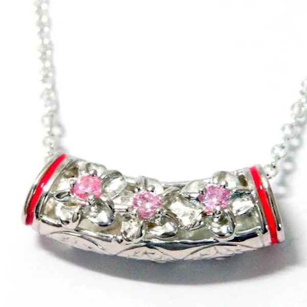 ハワイアンジュエリー ペンダント ネックレス チューブ 筒型 スライダー プルメリア 花 リーフ 葉 ピンクジルコニア レディース シルバー925