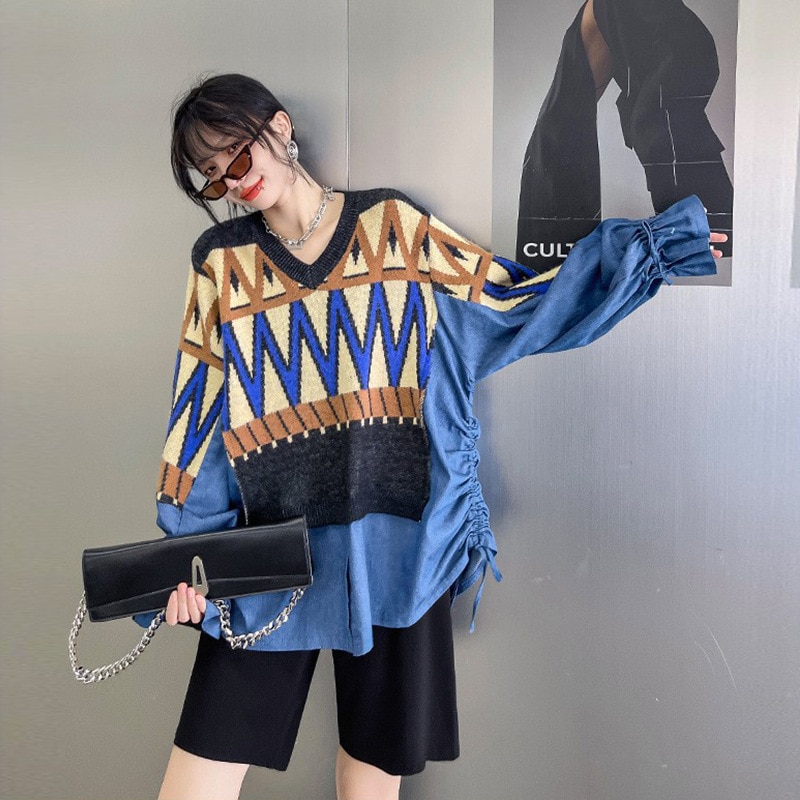 【Noir Mode】高級感溢れる 上品 フェイクツー スプライシング デニム ジャンパー レディース 新作 ルーズ Vネック ニット トップス