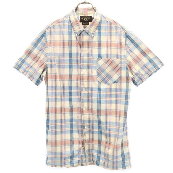 黒タグ 一ツ星 チェック柄 半袖 シャツ S ネイビー×ピンク RALPH LAUREN メンズ 古着