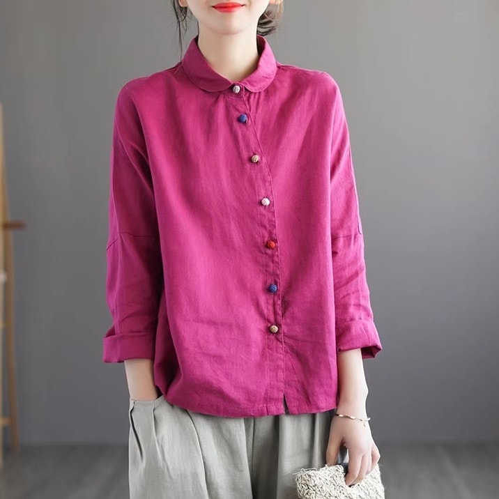 レディース シャツ ブラウス アシンメトリー 長袖 襟付き 前開き ボタン リネン 綿 コットン 麻 かわいい 大人可愛い きれいめ おしゃれ かっこいい レトロ アジアン こなれ感 ラフ ルーズ