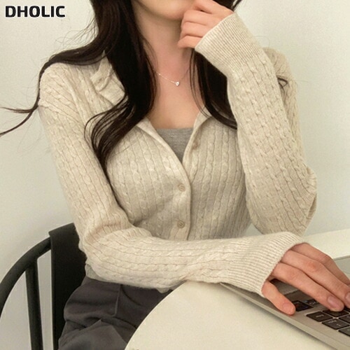 ニットソフトウール混カシミヤ混ボタンラウンドネックベーシックスリム長袖セミクロップドケーブルカーディガン・1954261