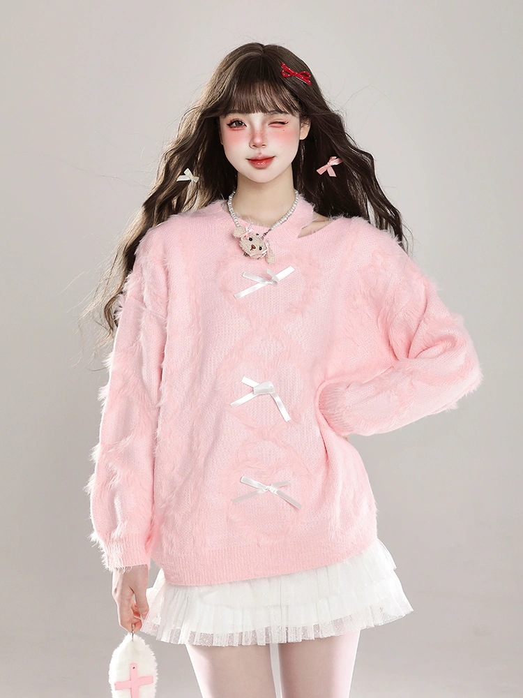 上品 ミンクタッチニット プリントストリートコルシルエットクルーネックファッション色っぽ女っぽカジュアル大人っぽ 2025 韓国トップス長袖 秋冬 サイズフェミニンゆったり レディースプルセーター春