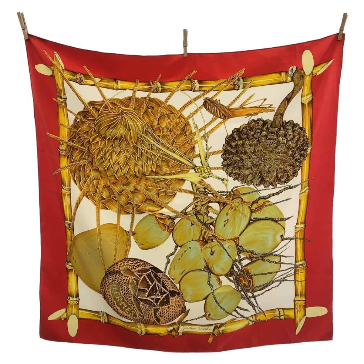 美品 JARDIN CREOLE カレ90 レッド マルチカラー シルク スカーフ レディース 406266