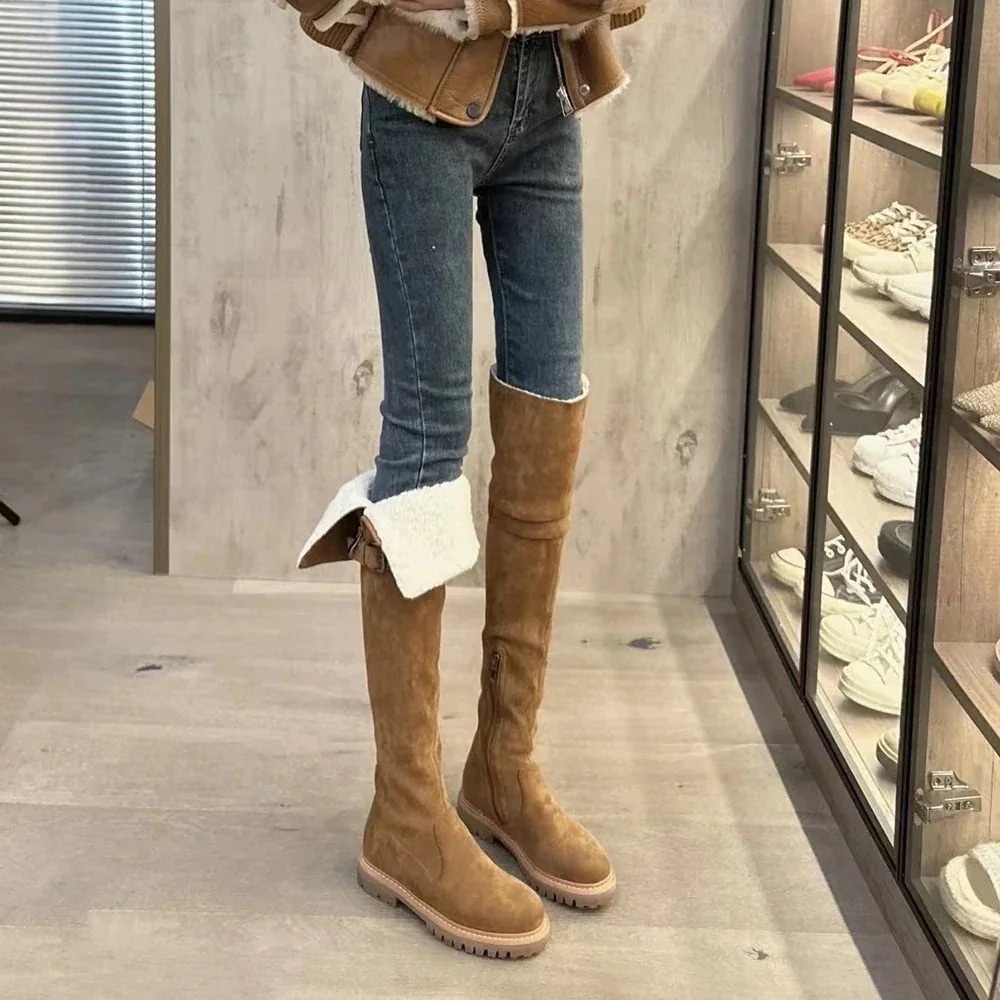2つ買うと200オフ25新型ブーツ ロングブーツ 厚底ブーツ長靴女ベルベット保温茶色平底膝高筒騎士靴厚い底痩せ雪地靴レディース ブーツ 美脚 通勤 通学 疲れない 痛くない 走れるブーツ