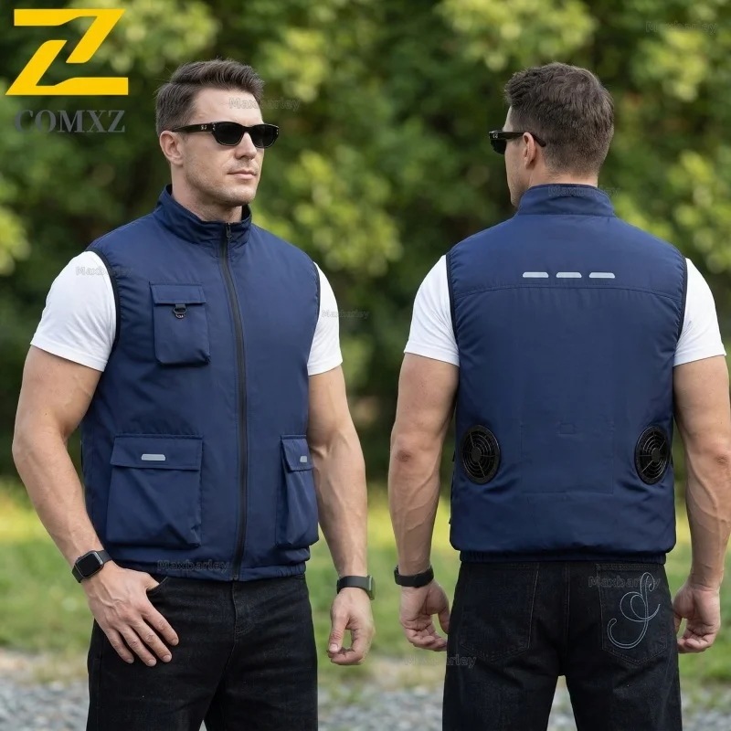 夏の新しい冷却エアコンベストファン付きマルチポケット屋外釣り通気性熱中症予防作業服ジャケット