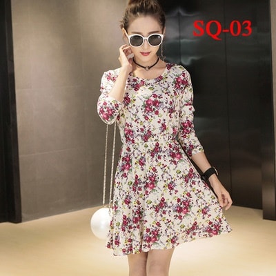 1029.お出かけやデートにも 韓国風長袖ワンピース（花柄ホワイト）