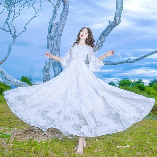 コストパフォーマンスワンピース ホワイト 白い ドレス マキシワンピース ウェディングドレス パーティードレス 結婚式ドレス Aラインドレス エンパイアドレス レースウェディングドレス 二次会 花嫁
