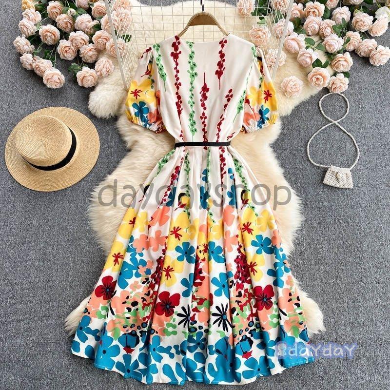 ワンピース プリント柄 花柄 半袖 ウエストマーク カラフル キレイ目 女子旅 お出かけ フェミニン ママ ママスタイル ガーリー ディナー 6,658円