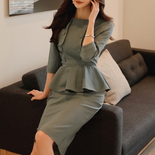 【着用レビュー】ワンピース レディース スーツ S M L XL 韓国 タイトスカート 膝上 袖あり 七分袖 ペプラム エレガント 清楚 フェミニン おしゃれ お洒落 綺麗 お嬢様 タイト お呼ばれ