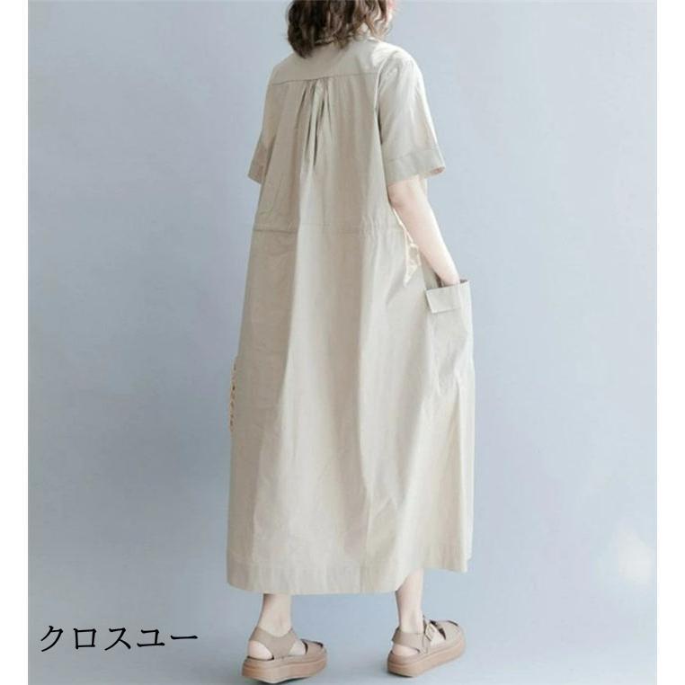 シャツワンピース ワンピース 春 夏 レディース ロングワンピース 半袖 ロング丈 カジュアル風 着回し 体型カバー 無地 着痩せ 30代 40代 50代