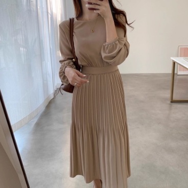 レディース ワンピース ロング 長袖 ラウンドネック スリム 細身 切り替え フェミニン プリーツ ウエストマーク ウエストリボン コンサバ 切り替えデザイン かわいい 大人可愛い きれいめ シンプル