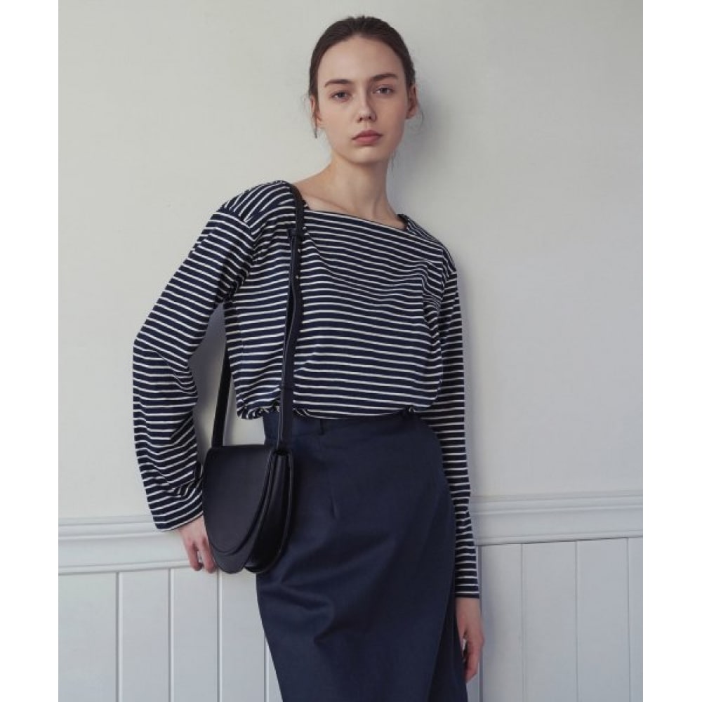 LOEIL スクエアストライプTシャツ-ネイビー