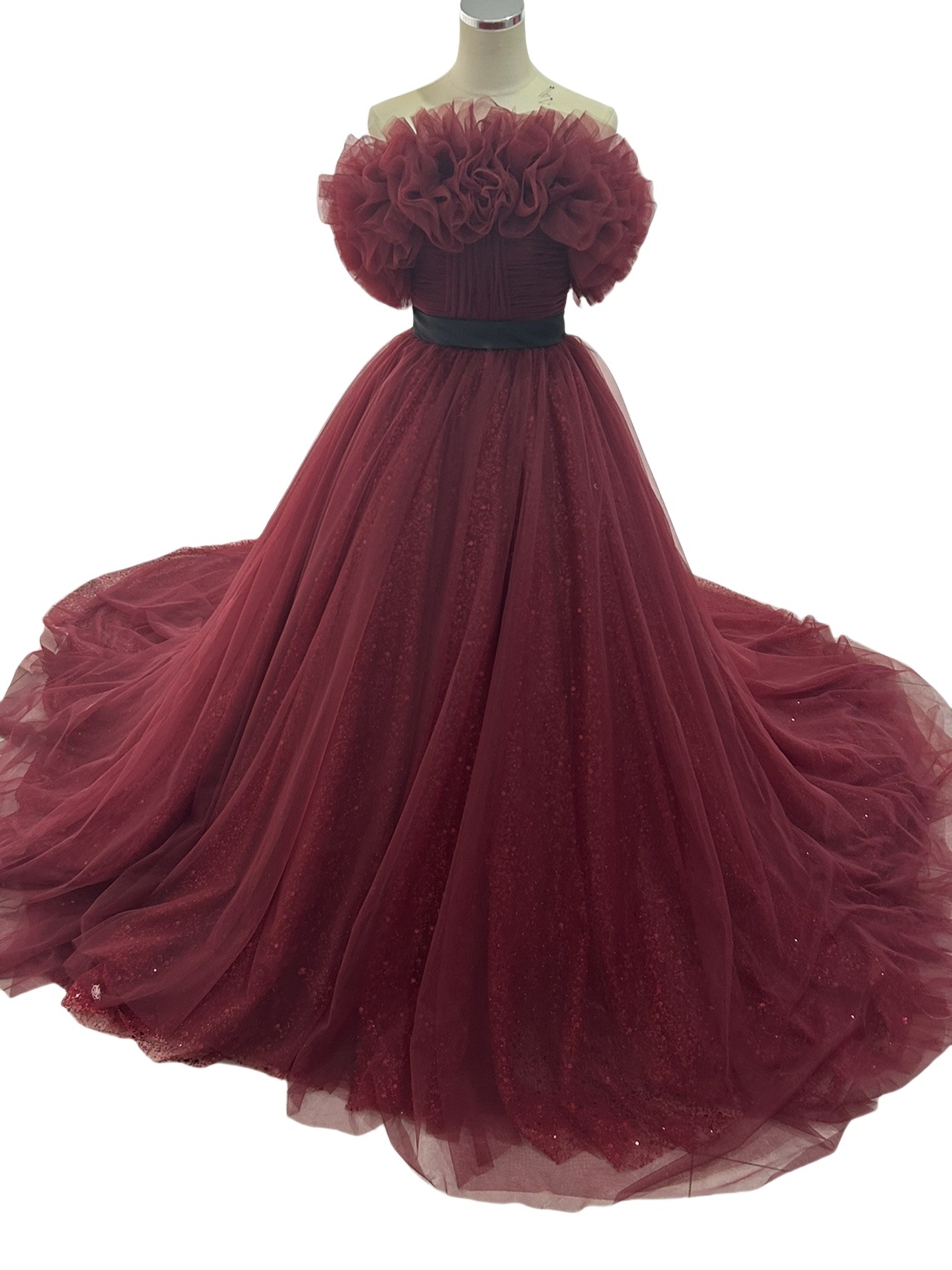 カラードレス ボルドー色 キラキラ光る刺繍 取り外しオフショルダー 編み上げ 披露宴/結婚式