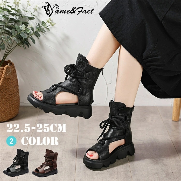 【激安開催！】牛革サンダル ブーツサンダル レディース おしゃれ 靴 黒 ブラック ブラウン 涼しい 本革 厚底 サンダル ウエッジソール バックジッパー カジュアル オープントゥ 涼感 歩きやすい