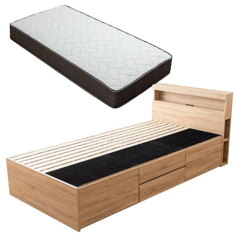 ベッド シングルベッド 収納付き ベッドフレーム シングル ベット マットレスセット コンセント付き ブックシェルフ 引き出し付き 宮付き 宮棚 31,070円