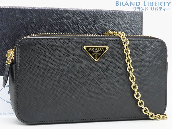 外超美品プラダサフィアーノトライアングルチェーンショルダーバッグポシェットポーチクラッチバッグブラック1DH010