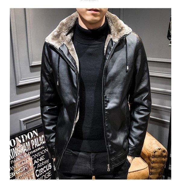 防寒 PU革 ブルゾン 革ジャン 裏ボア レザージャケット フード付き フェイクレザー 裏起毛 秋冬 メンズ ライダースジャケット 革ジャケット