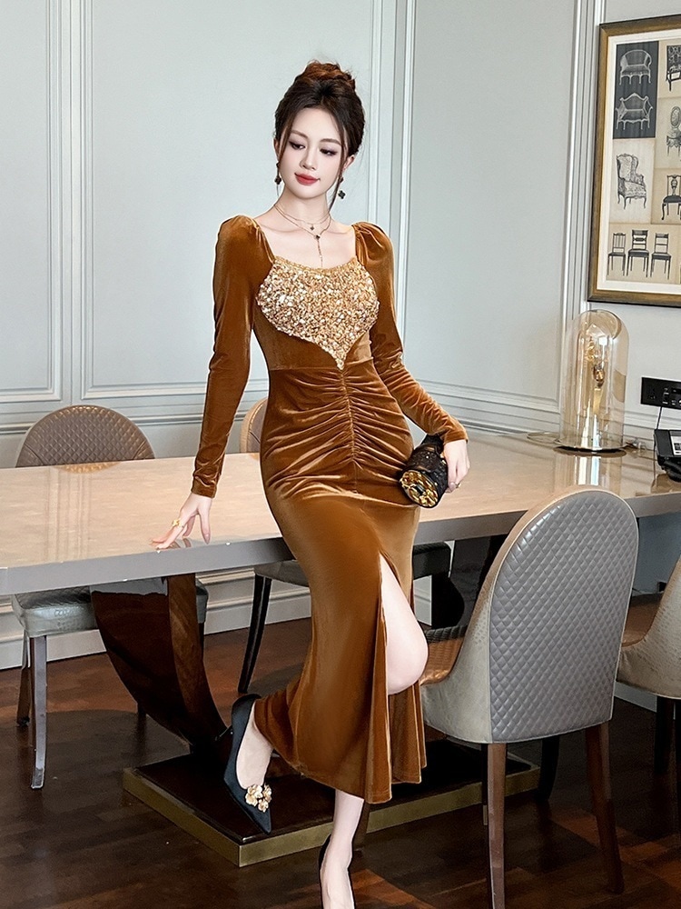 【JY.上品】 2025秋冬新品 ベルベット キラキラ スリム ワンピース ドレス パーティー キャバ 大人 同窓会 披露宴 卒業式 結婚式 演奏会 ウェディング 二次会 メガ割