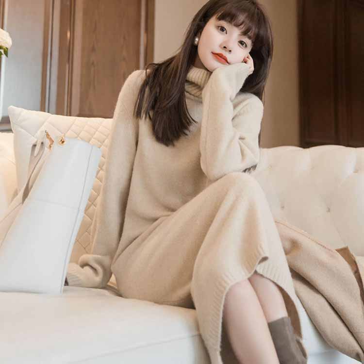 ロングワンピースタートルネック高品質タートルネックセーターセーターロングルームウェアワンピースニットワンピースレディース長袖マキシ丈ニットワンピ秋冬大きいサイズ体型カバーゆるニットロングワンピースニッ
