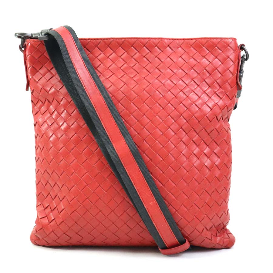 ボッテガヴェネタ BOTTEGAVENETA 斜め掛けショルダーバッグ イントレチャート レザー/キャンバス レッド/グレー ユニセックス e60453a