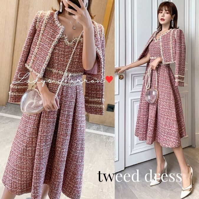 【即納】ツイード ワンピース セットアップ 韓国 入園式 入学式 ジャケット 七五三 ママ おしゃれ 母親 服装 親 スーツ 同窓会ドレス 卒業式 卒園式 成人式 セレモニー ワンピース 春 秋 冬