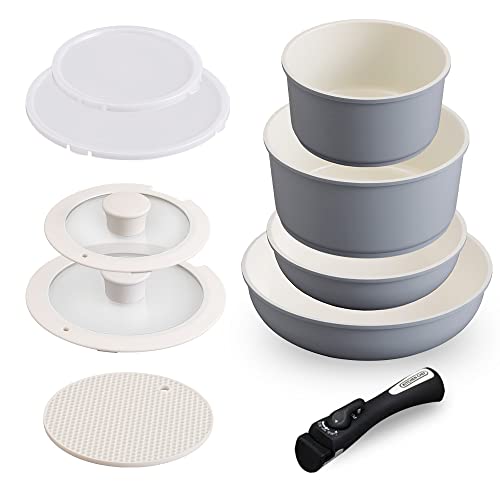 【時短省エネ】 アイリスオーヤマ 取っ手のとれる フライパン 鍋 9点セット IH ガス火対応 26cm 20cm コンパクト収納 軽量 セラミックカラーパン グレー