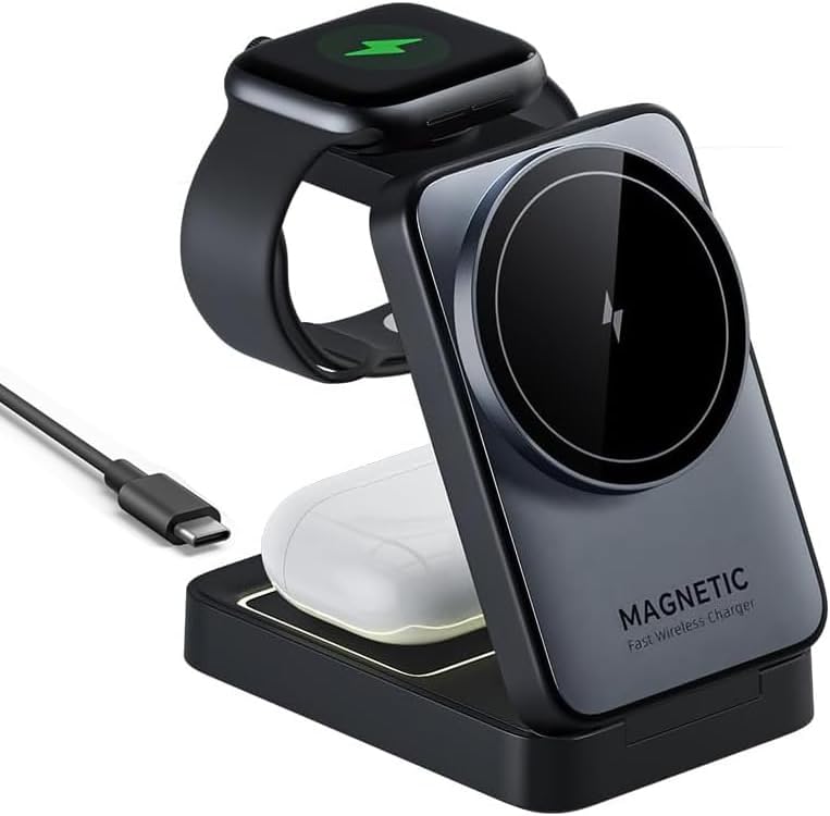 Magsafe対応 15W急速 折り畳み式 マグネット 3in1 ワイヤレス充電器 マグネット式 3-in-1 iphone16~12/ Airpods/アップルウォッチ ワイヤレス出力15W/5W