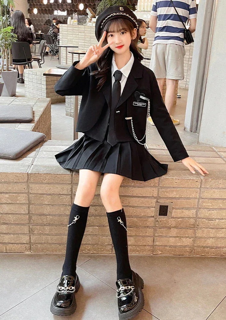 制服 なんちゃって 女の子 小学生中学生高校生 韓国デザイン 灰黒 4 点セット 卒業式入学式 ブレザー白シャツ長袖スカート 卒服 ジャケット01