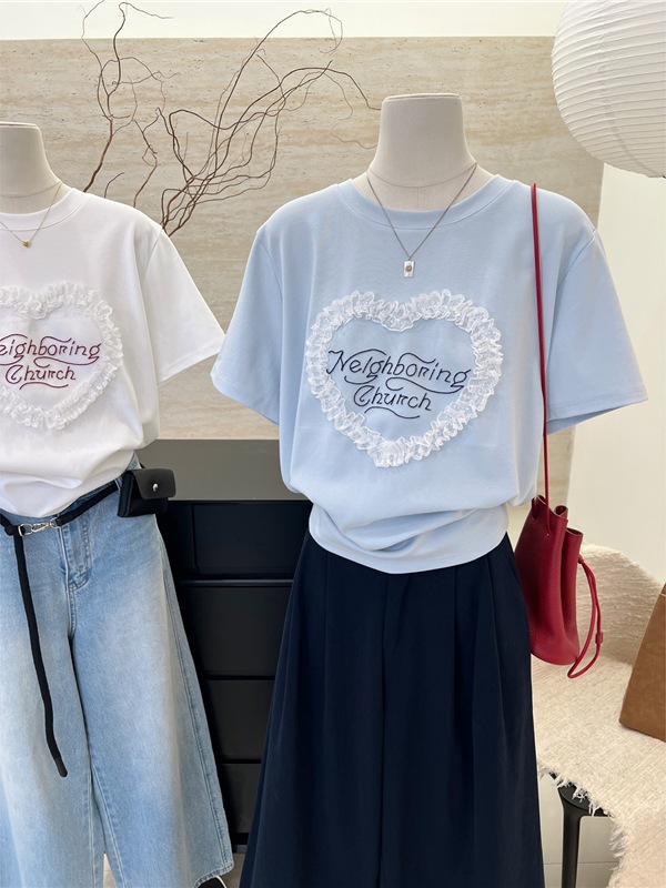 【1点ご購入 で10点プレゼントいたします】純綿ハート刺繍パッチワークレース半袖Tシャツ女2025ゆったりオールインワントップス
