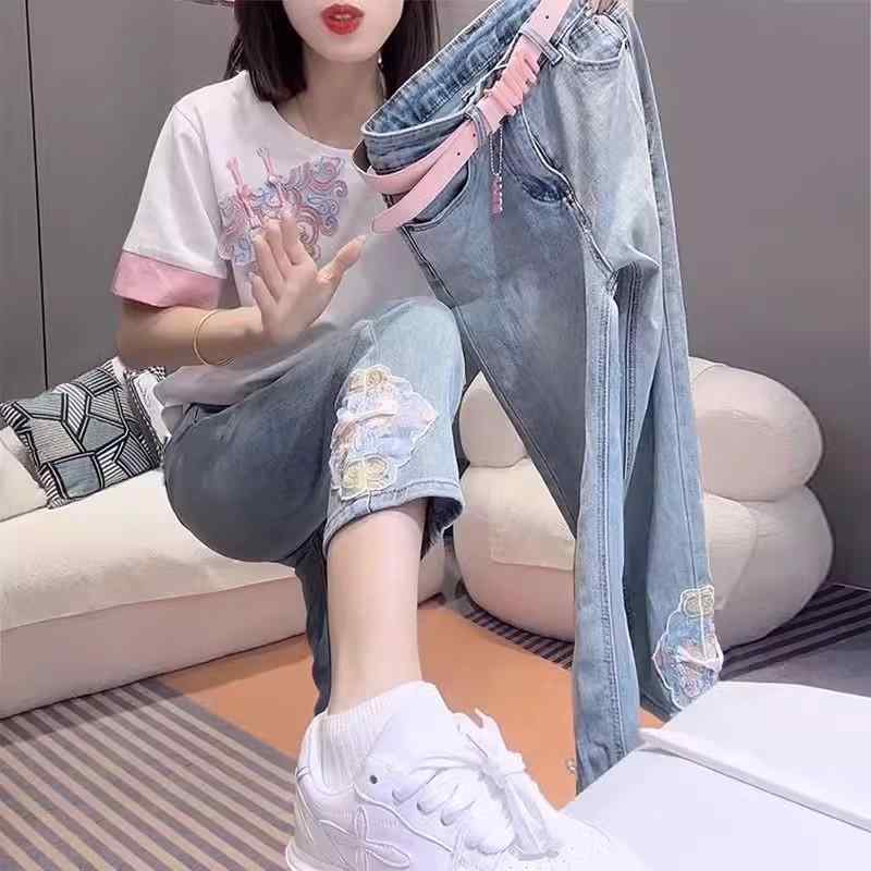 レディース ファッション カジュアル おしゃれ チャイナ風 ストレート ジーンズ 春夏 大きいサイズ スリム 九分丈 シガレット パンツ