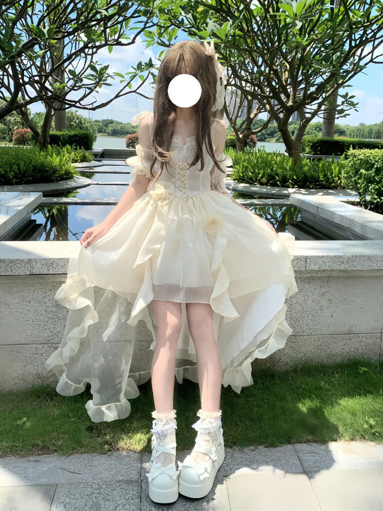 フランス風の気質の優雅な立体の花のデザインのワンピースの気質の尾のスーツの優しくて甘いlolitaスカート