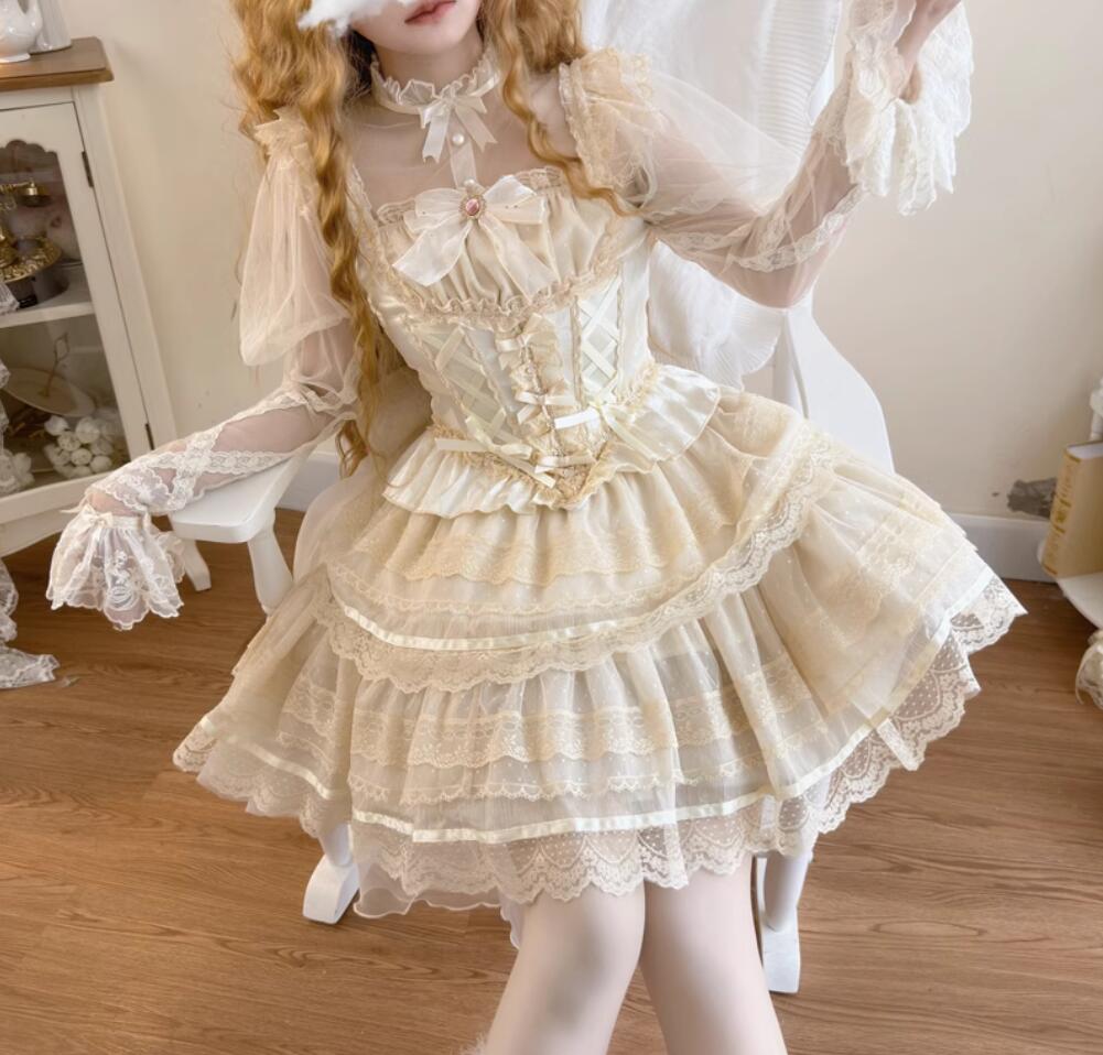 【新作登場 最安値】可愛いロリータ服 ロリータワンピース プリンセスドレス 上下セット パーティードレス ショートスカート レーススカート Lolita 人コスチューム ゴスロリ ハロウィン コスプレ