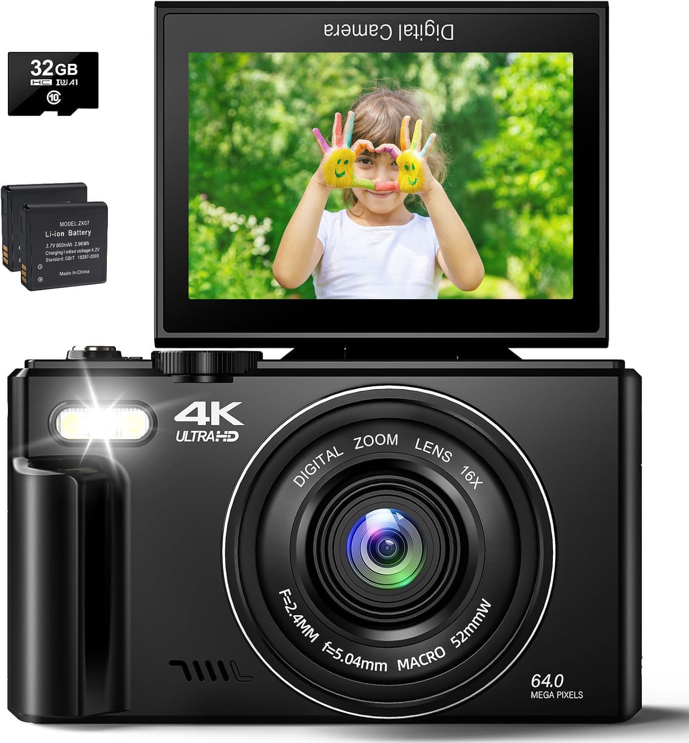 4Kデジタルカメラ デジカメ 4K動画撮影 6400万画素コンパクトオートフォーカス 近接撮影 3.0インチ大画面 2つの1200mAh電池 軽量 修学旅行 学生 初心者 セット 32GB Micro