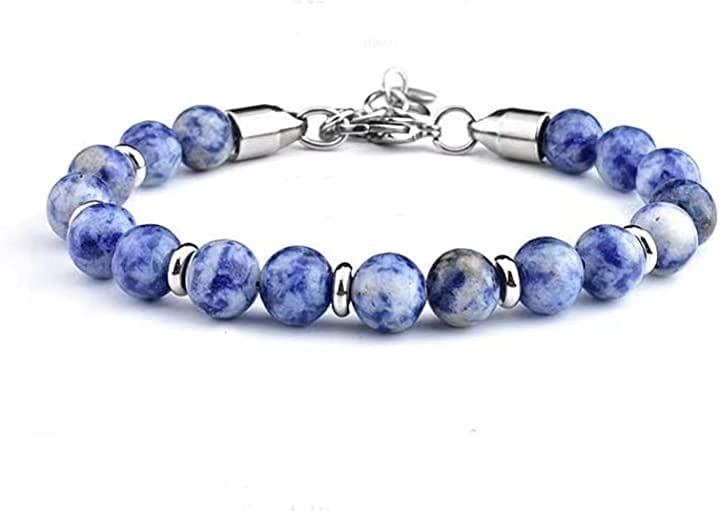 メンズブレスレット レディースブレスレット 8MM ホワイトドットブルーストーン(T-04)