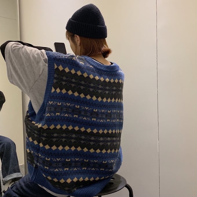 2色 ニット ベスト レディース l 重ね着 ルーズ Vネック ビッグサイズ おしゃれ 柄 レトロ カジュアル 可愛い トラッド オーバーサイズ ドロップショルダー ノースリーブ 大きめ ゆっ