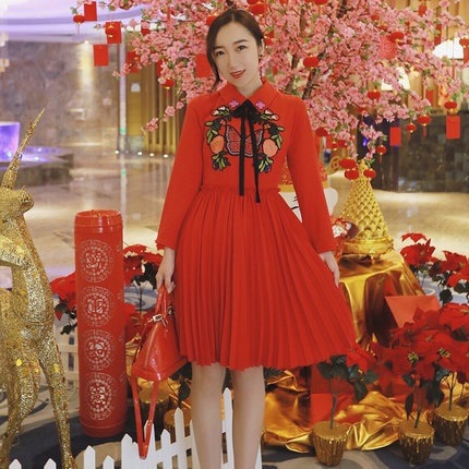 606.胸刺繍プリーツシャツワンピース（レッド）